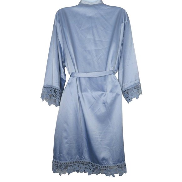 Vintage Blue Satin Dressing Bath Robe One Size Wide Lace Trim Knee Length Belted - Picture 12 of 12